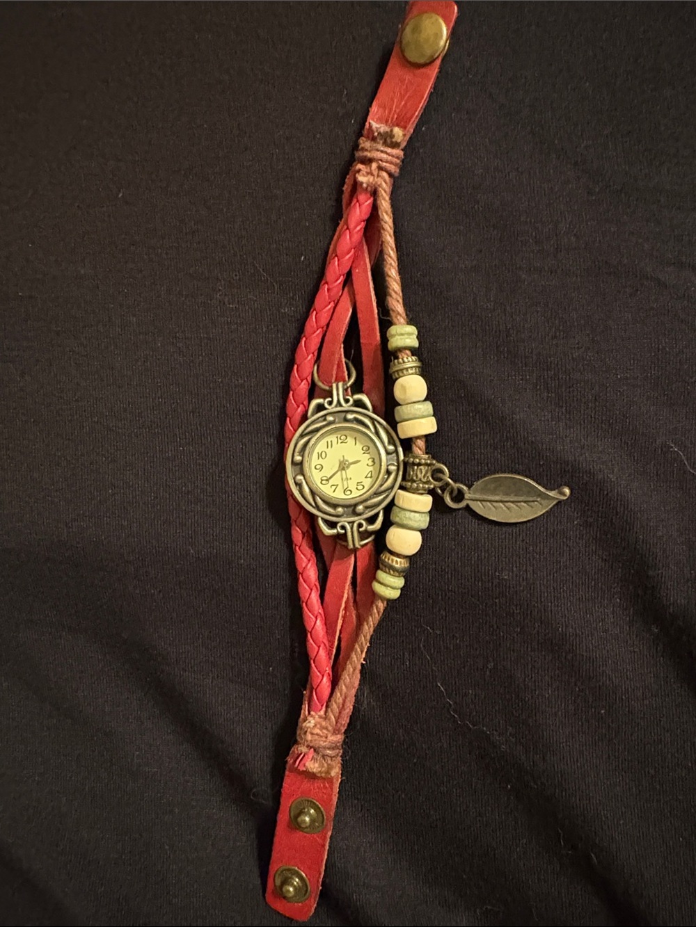 Vintage-Style Red Braided Leather Watch Bracelet with Leaf Charm